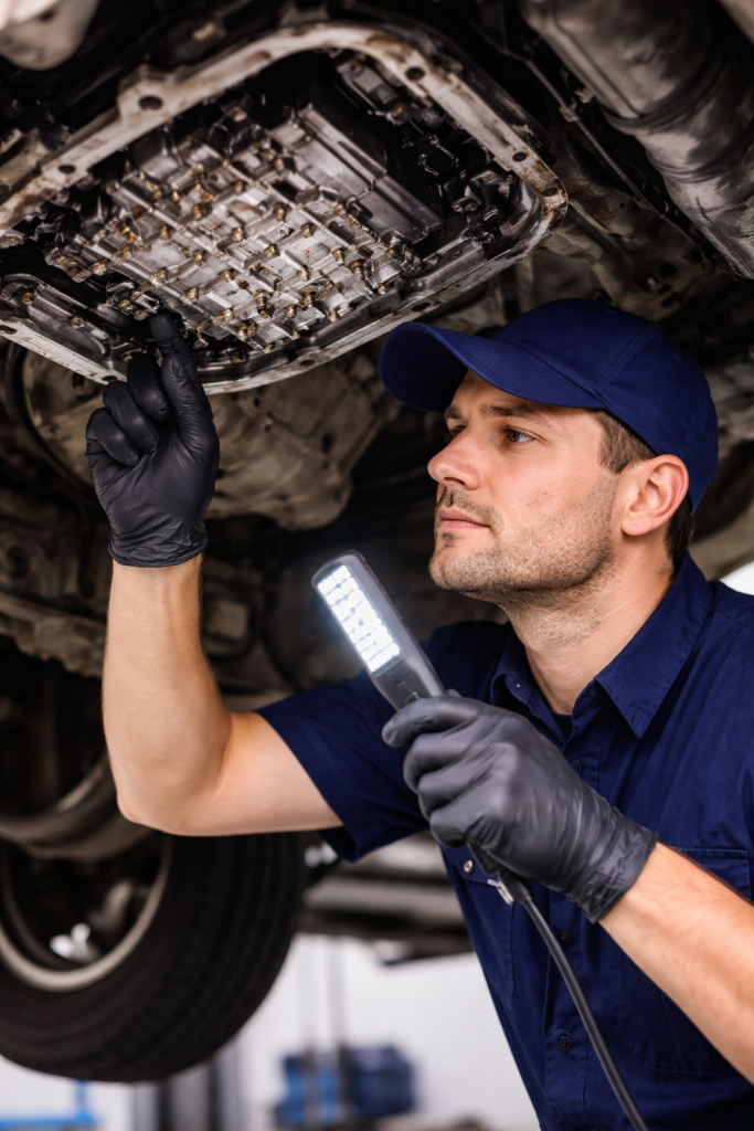 Mechanic inspecting an automatic transmission inside a vehicle.